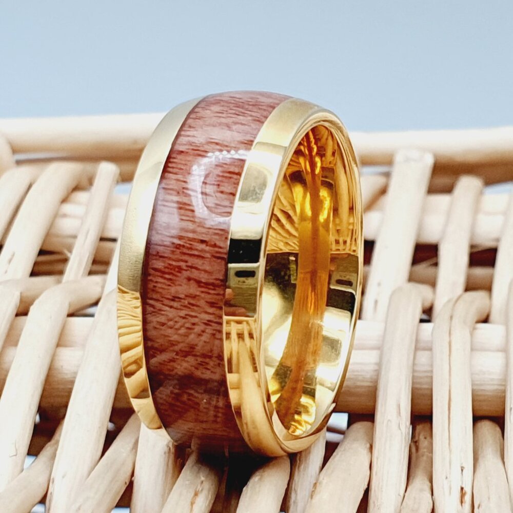 Gold and Wood Inlay Women's Ring - Polished Gold Finish